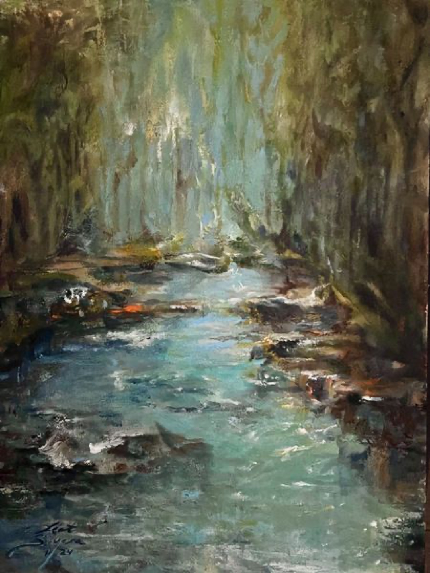 Emerald Stream — painting by Leat Silvera, 16 × 20 in