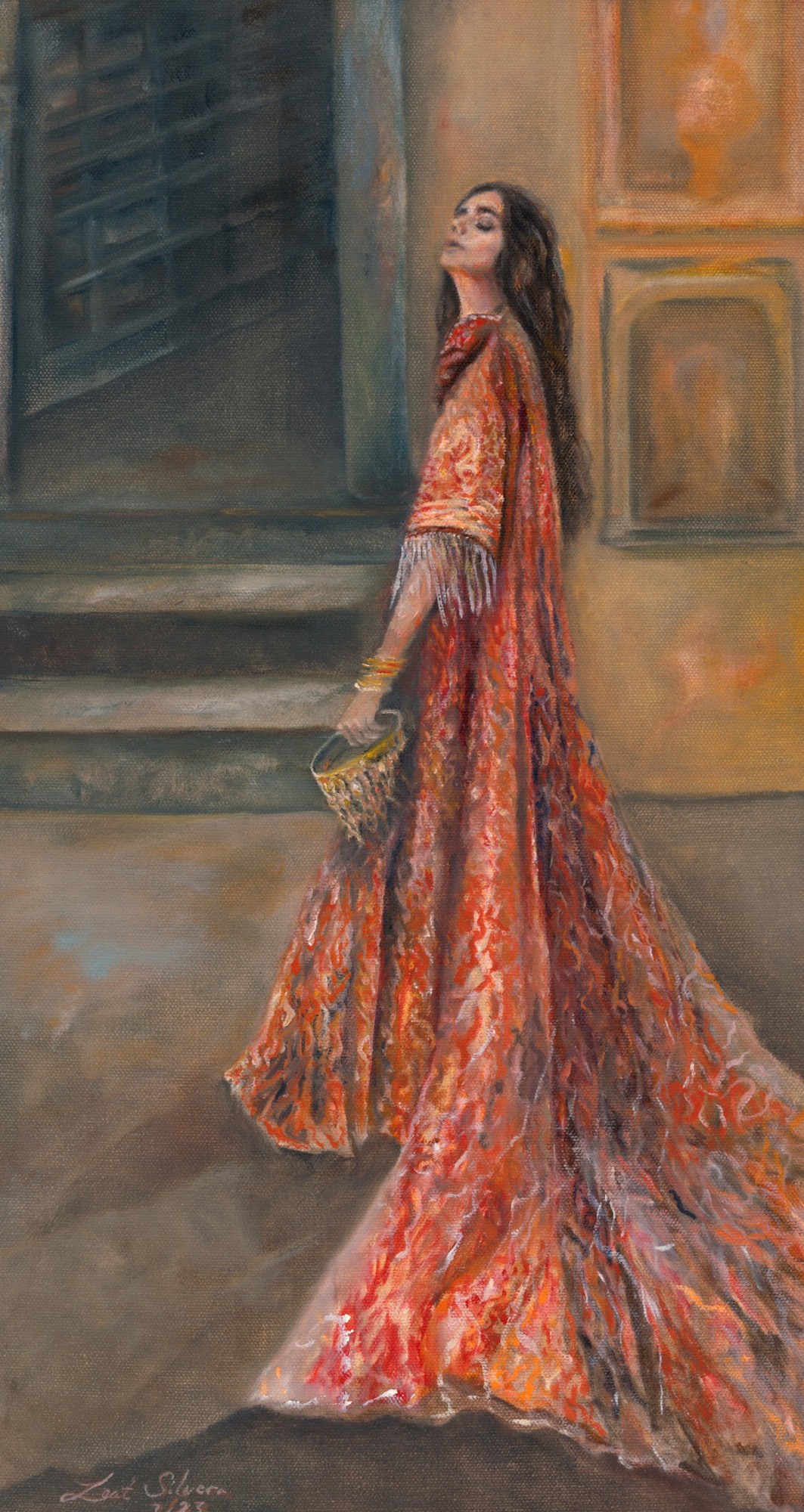 Esther Holding Her Crown — painting by Leat Silvera, 12 × 24 in